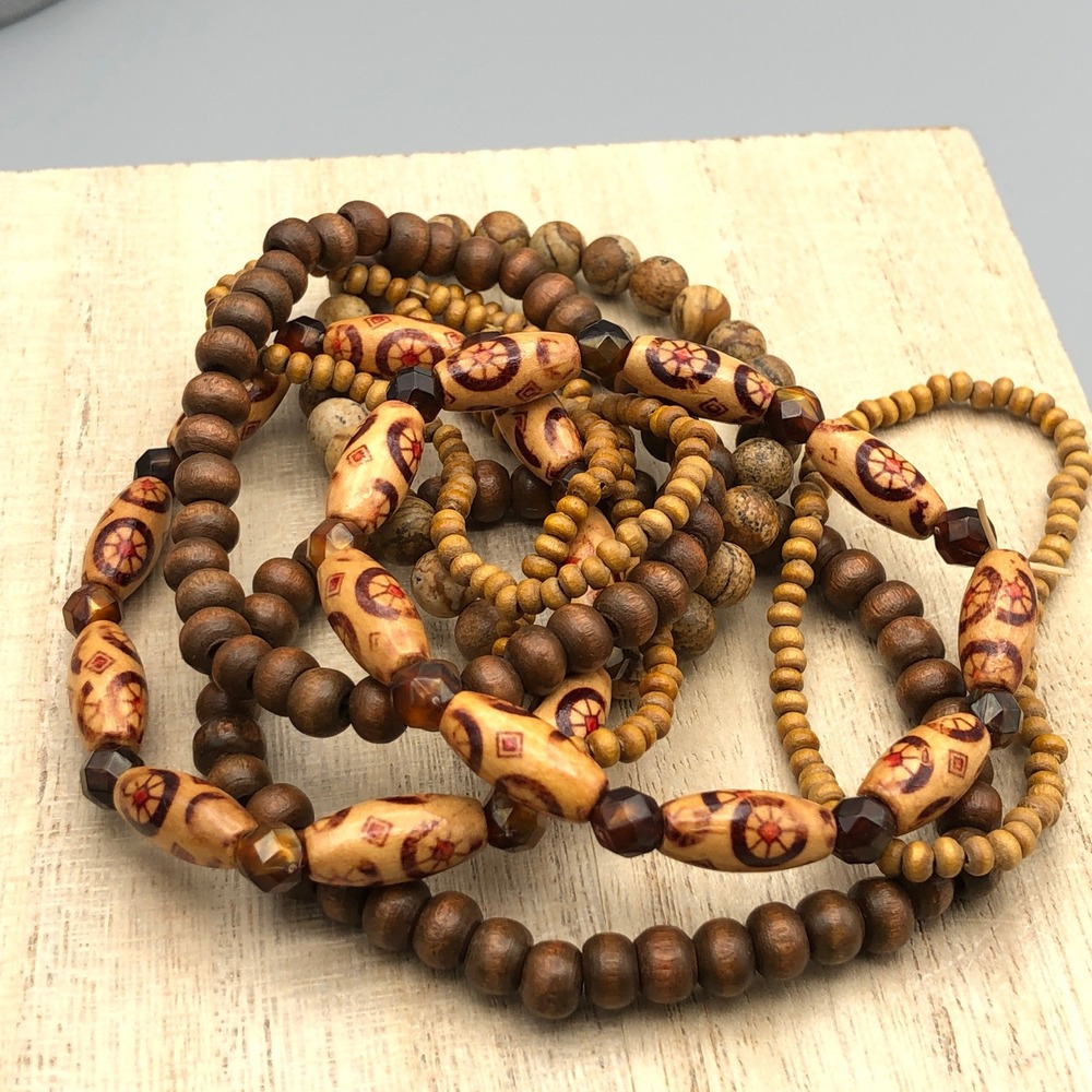 Beaded Wood Stretch Bracelet Set of 8 Brown‎ Tan Boho Stackable Layers